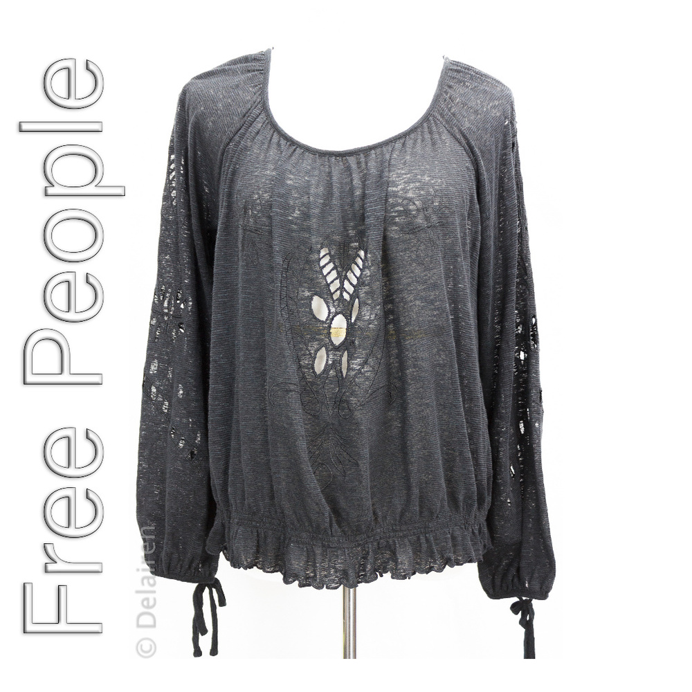 Boho Peasant Eyelet Cutout Gathered Hem Blouse